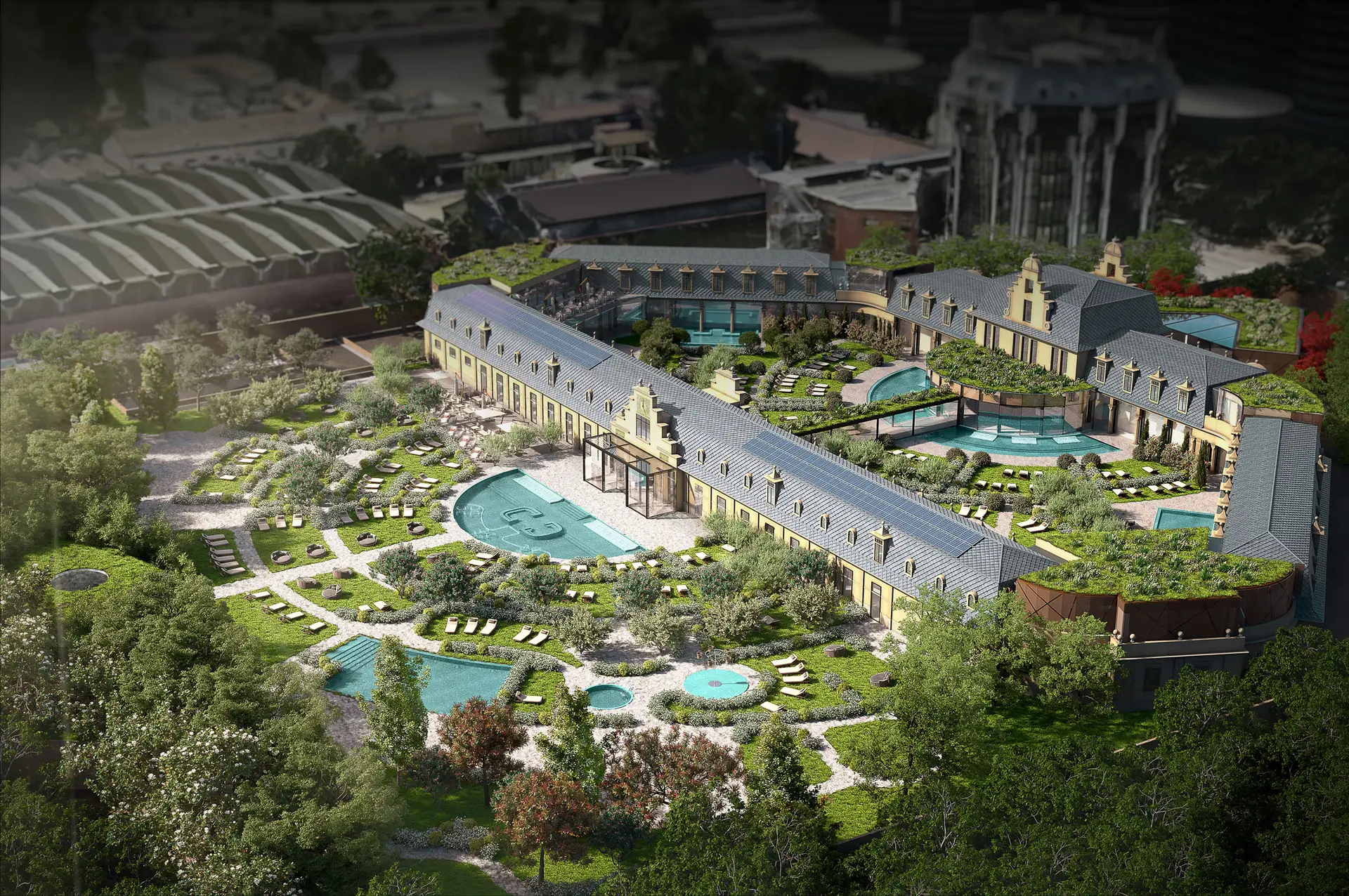 Vista aerea di Storia, un lussuoso resort con spa, piscine e giardini lussureggianti.